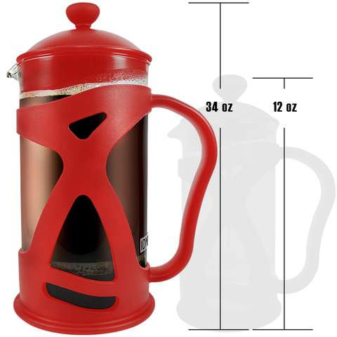 Image of KONA French Press Red Coffee Maker With Reusable Stainless Steel Filter, Large Comfortable Handle & Glass Protecting Durable Shell