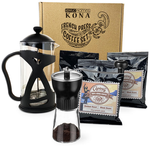Coffee Gift Set, Best Coffee Gifts for Caffeine Lovers, Coffee Gift Basket Includes 100% Hawaiian Coffees, French Press with Grinder