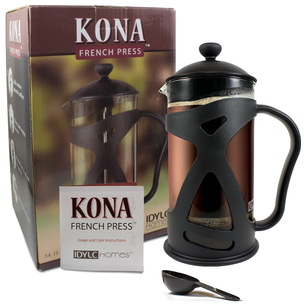 KONA French Press Coffee Maker With Reusable Stainless Steel Filter, Large  Comfortable Handle & Glass Protecting Durable Black Shell