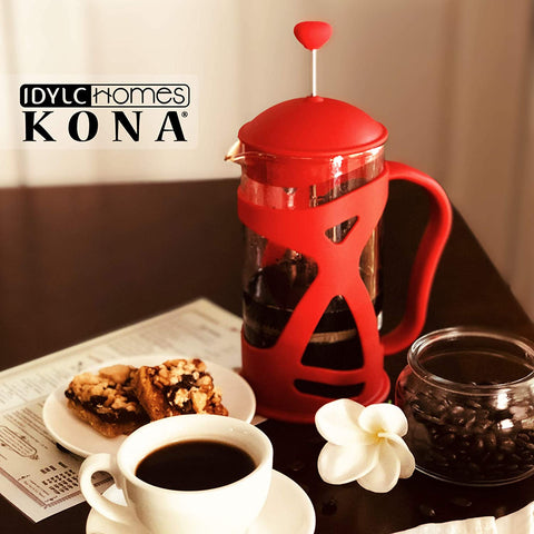 Image of KONA French Press Red Coffee Maker With Reusable Stainless Steel Filter, Large Comfortable Handle & Glass Protecting Durable Shell